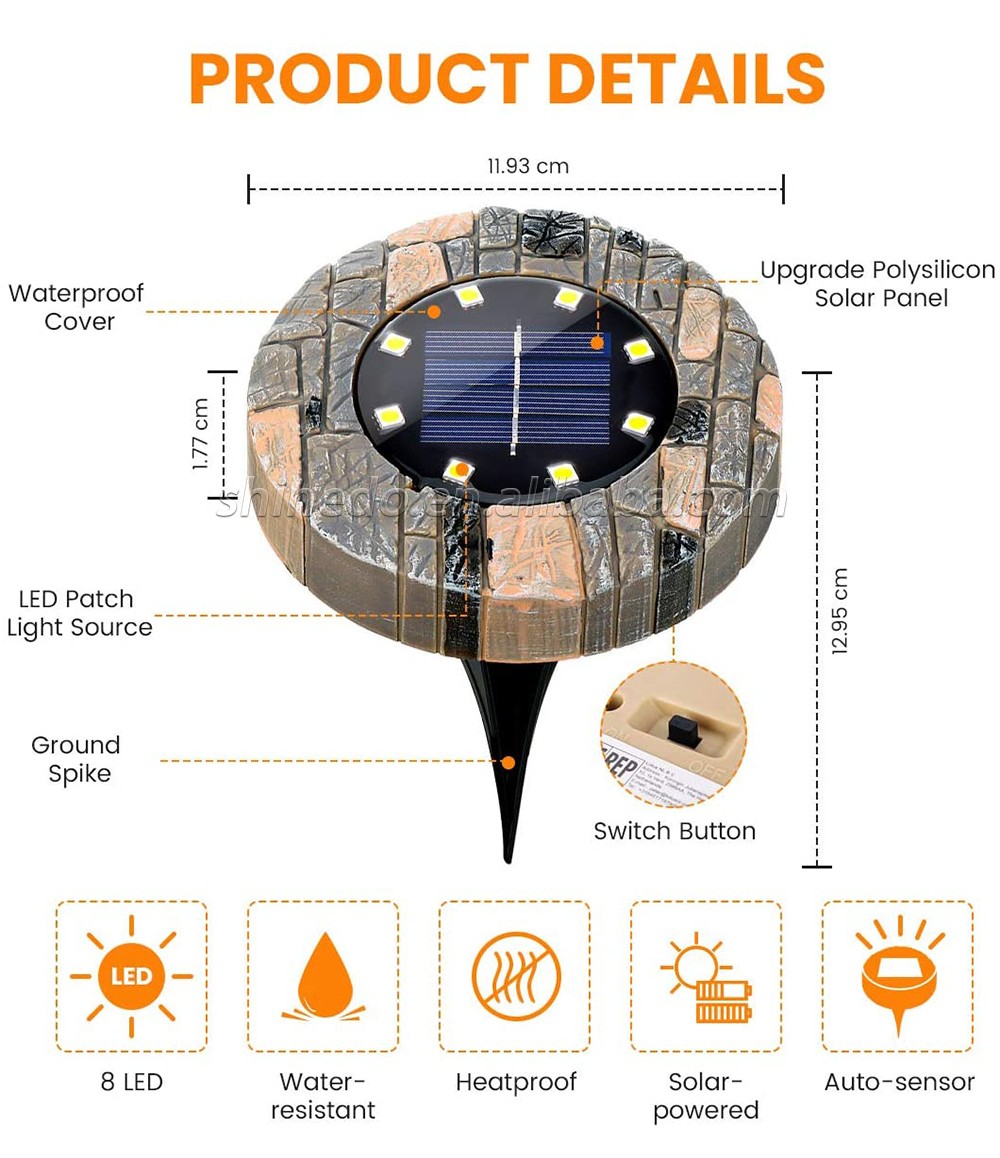 Stone-imitation Design 8LEDs Warm/Cold Lighting Color Outdoor Waterproof High Efficient Panel Solar Underground Light