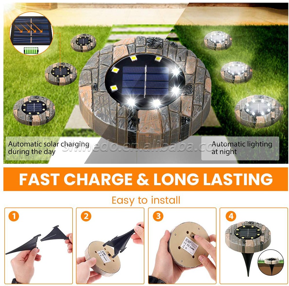 Stone-imitation Design 8LEDs Warm/Cold Lighting Color Outdoor Waterproof High Efficient Panel Solar Underground Light