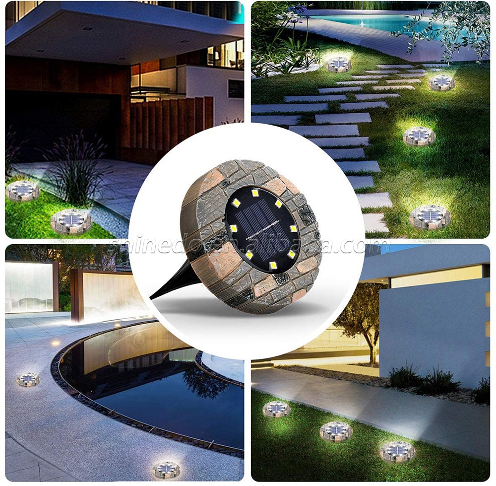 Stone-imitation Design 8LEDs Warm/Cold Lighting Color Outdoor Waterproof High Efficient Panel Solar Underground Light