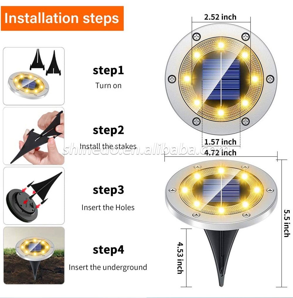 Bright Warm Solar Ground Light 8LED Solar Disk Light Outdoor Waterproof Solar Garden Light Suitable for Garden and Yard