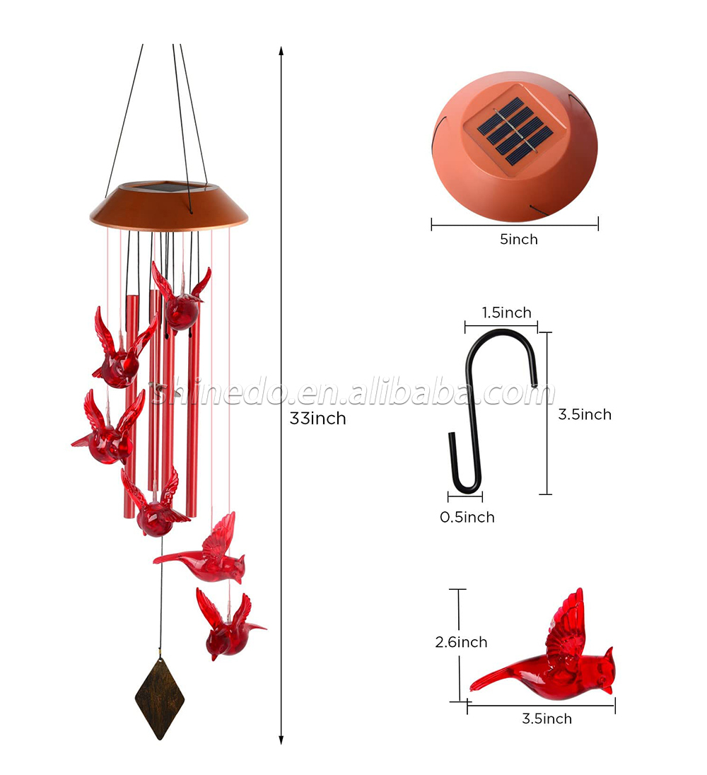 Hot Selling ABS Plastic Red Bird 6 LEDs with High Battery Capacity Garden Solar Wind Chime Light