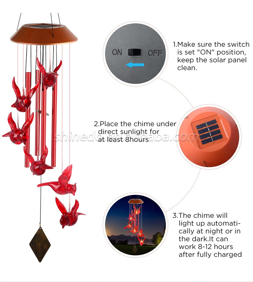 Hot Selling ABS Plastic Red Bird 6 LEDs with High Battery Capacity Garden Solar Wind Chime Light