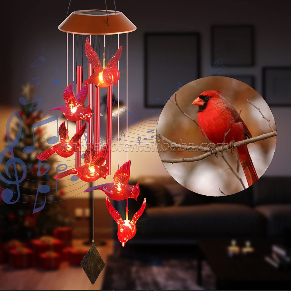 Hot Selling ABS Plastic Red Bird 6 LEDs with High Battery Capacity Garden Solar Wind Chime Light