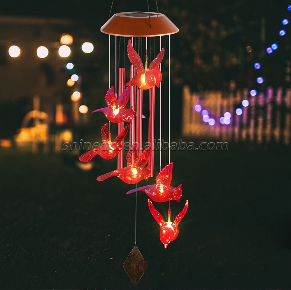 Hot Selling ABS Plastic Red Bird 6 LEDs with High Battery Capacity Garden Solar Wind Chime Light