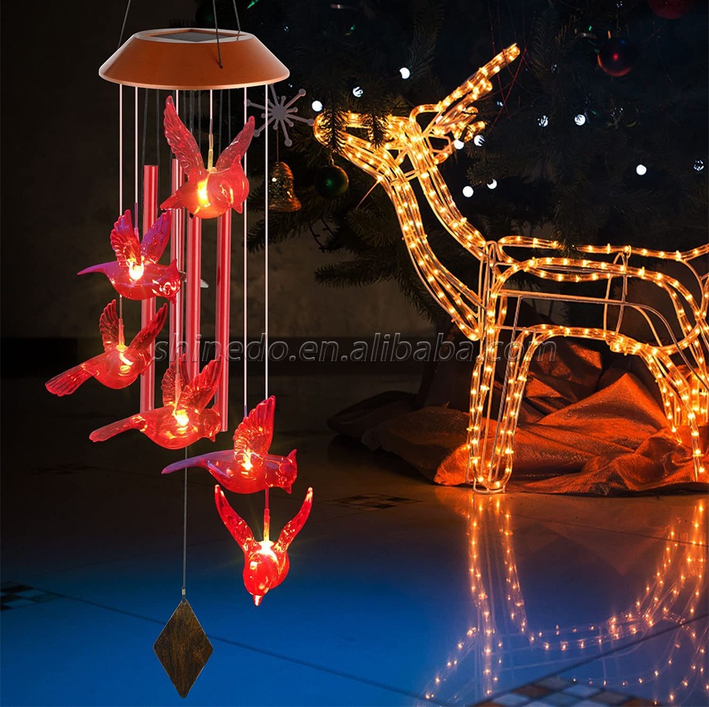 Hot Selling ABS Plastic Red Bird 6 LEDs with High Battery Capacity Garden Solar Wind Chime Light