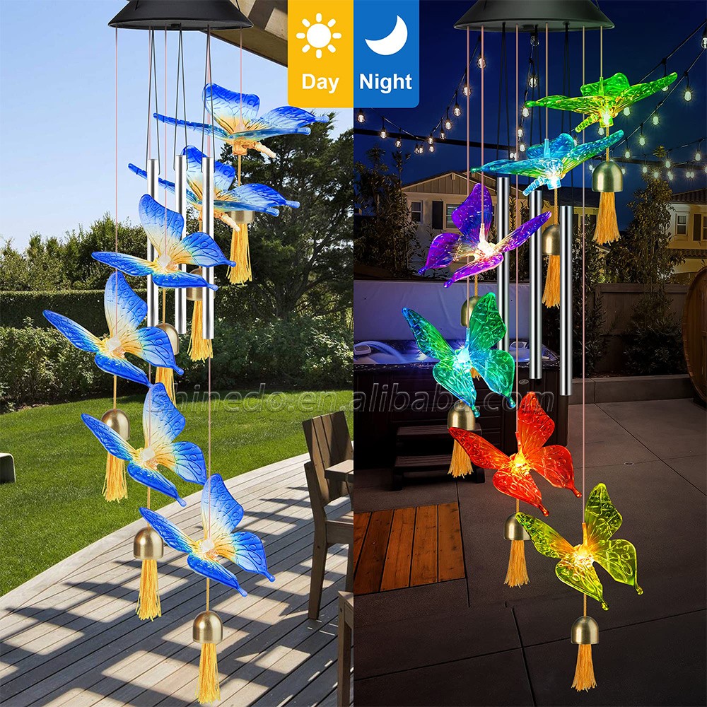 Solar Wind Chimes for Outside Garden Decoration Aluminum Alloy Tubes Solar Butterfly Wind Chimes with Bell