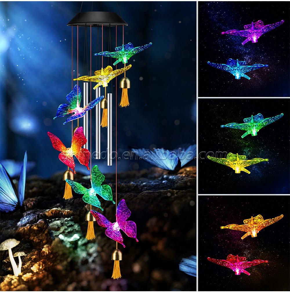 Solar Wind Chimes for Outside Garden Decoration Aluminum Alloy Tubes Solar Butterfly Wind Chimes with Bell