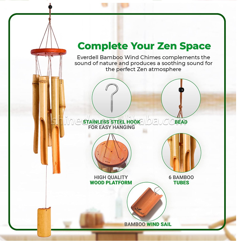 Bamboo Wind Chime Outdoor Wooden Wind Chimes with Amazing Deep Tone for Garden, Patio, Home or Outdoor Decor