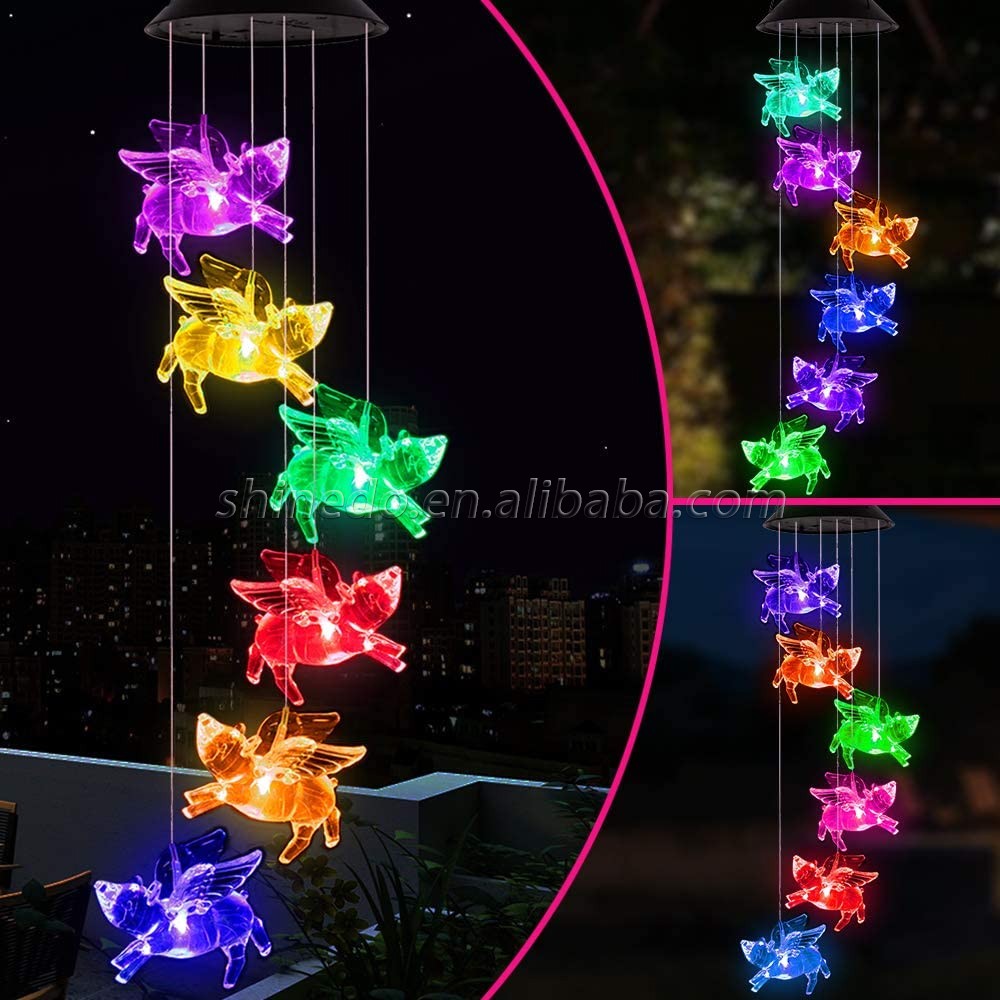 Solar Wind Chime Outdoor Flying Pig Lamp Led Pig Wind Chimes Mobile Waterproof Hanging Chimes for Yard and Home Decoration