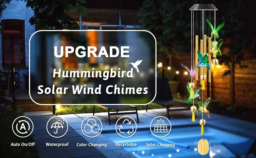 Color Changing Solar Wind Chime Outdoor Waterproof Hummingbird LED Solar Hummingbird Wind Chimes with Metal Tubes and Bells