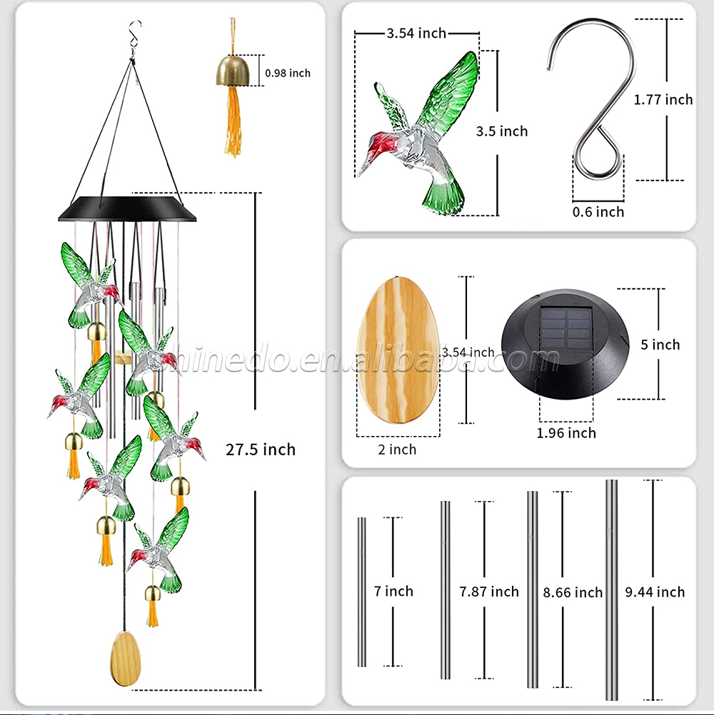 Color Changing Solar Wind Chime Outdoor Waterproof Hummingbird LED Solar Hummingbird Wind Chimes with Metal Tubes and Bells