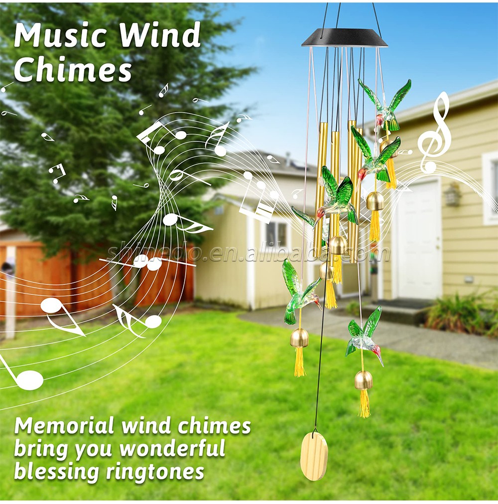 Color Changing Solar Wind Chime Outdoor Waterproof Hummingbird LED Solar Hummingbird Wind Chimes with Metal Tubes and Bells