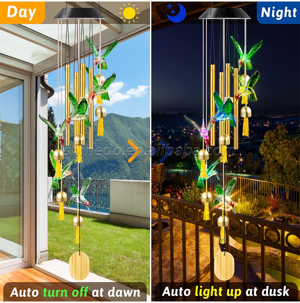 Color Changing Solar Wind Chime Outdoor Waterproof Hummingbird LED Solar Hummingbird Wind Chimes with Metal Tubes and Bells