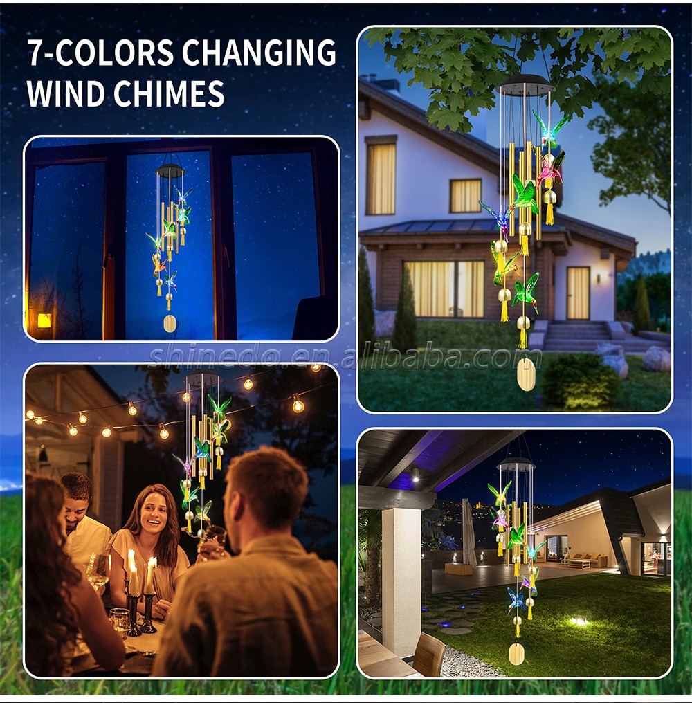 Color Changing Solar Wind Chime Outdoor Waterproof Hummingbird LED Solar Hummingbird Wind Chimes with Metal Tubes and Bells