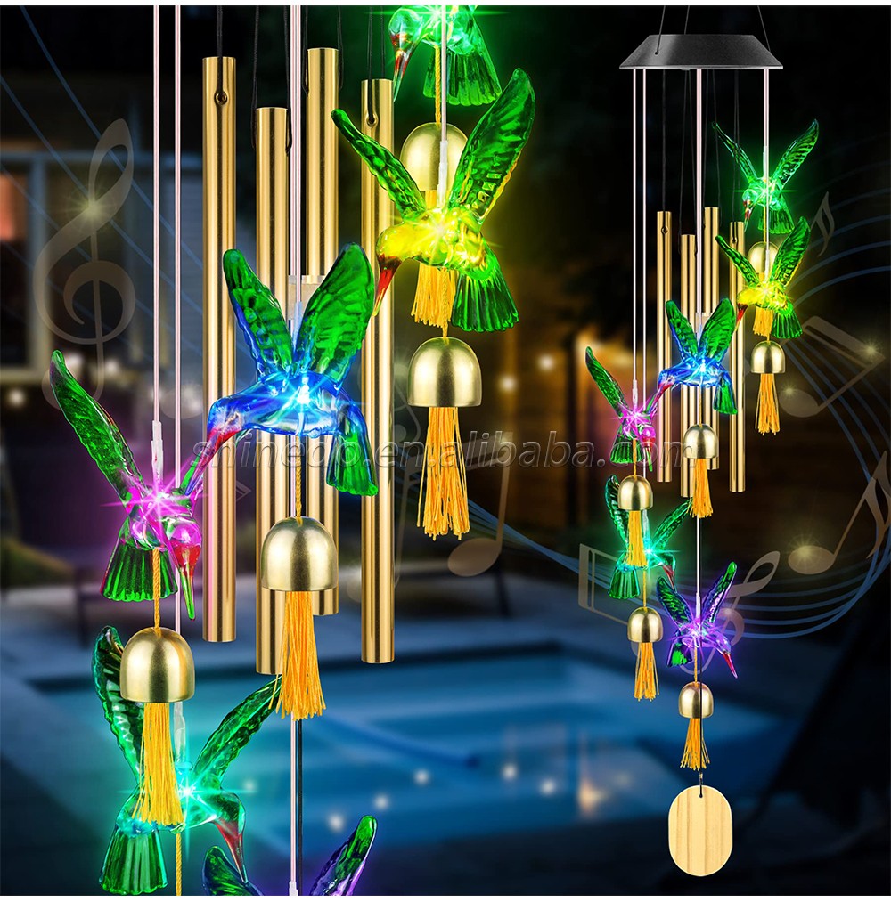 Color Changing Solar Wind Chime Outdoor Waterproof Hummingbird LED Solar Hummingbird Wind Chimes with Metal Tubes and Bells