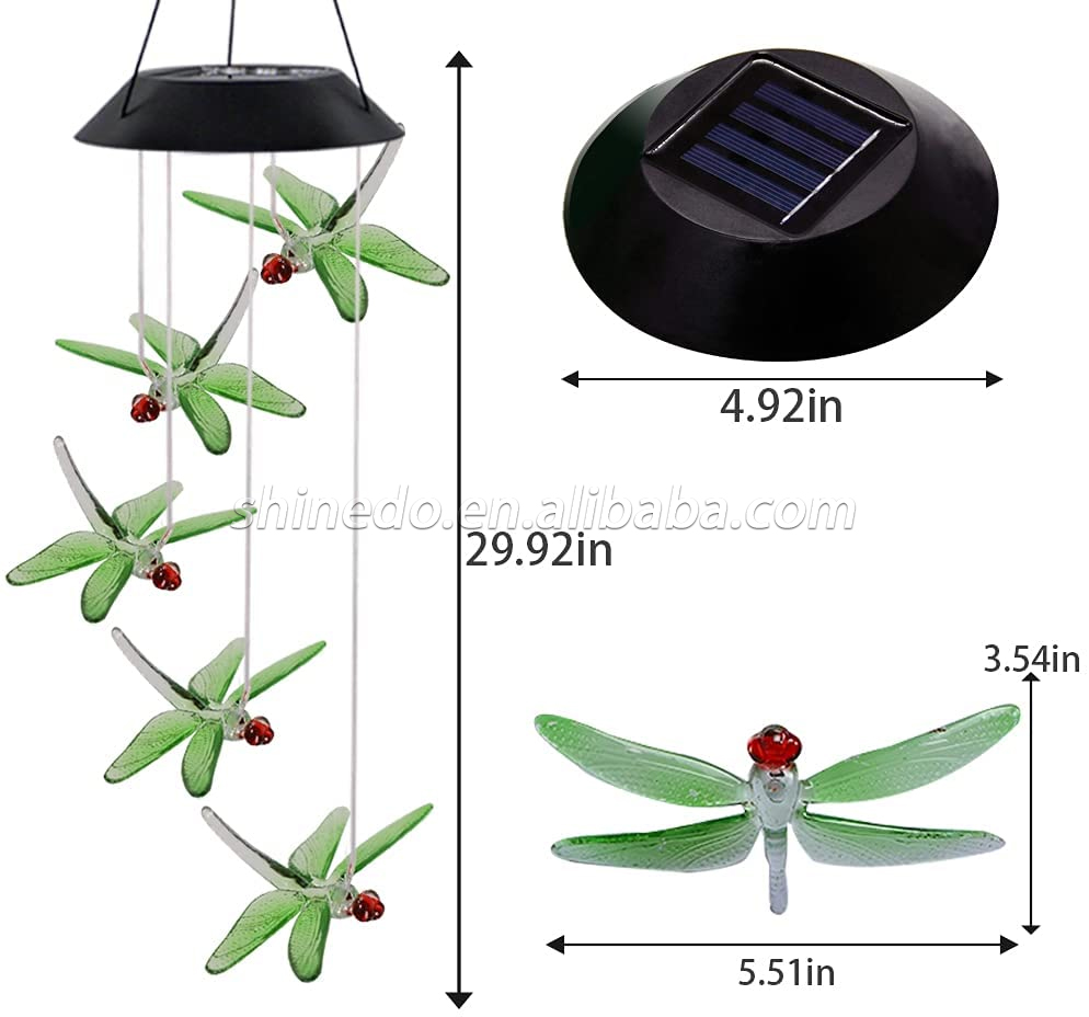 Dragonfly Waterproof Led Decorative Wind Chimes 7 Color Changing Solar Wind Chime Light