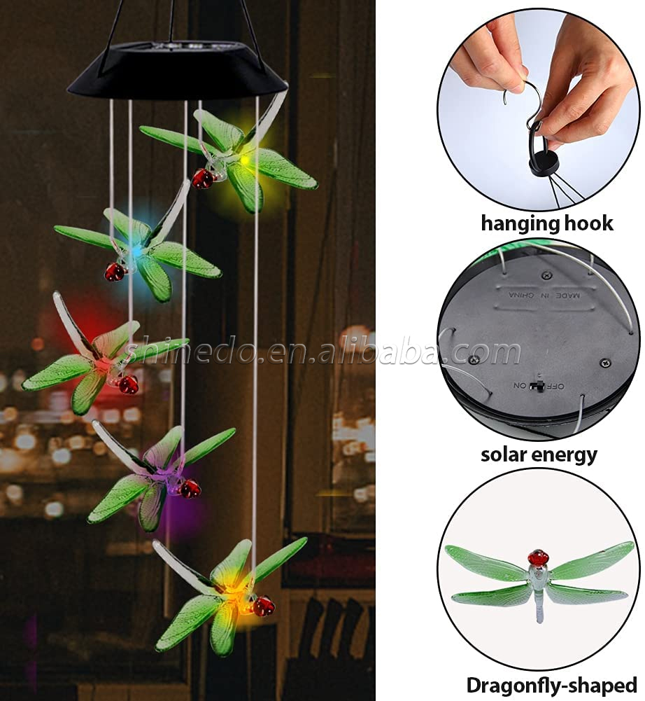 Dragonfly Waterproof Led Decorative Wind Chimes 7 Color Changing Solar Wind Chime Light