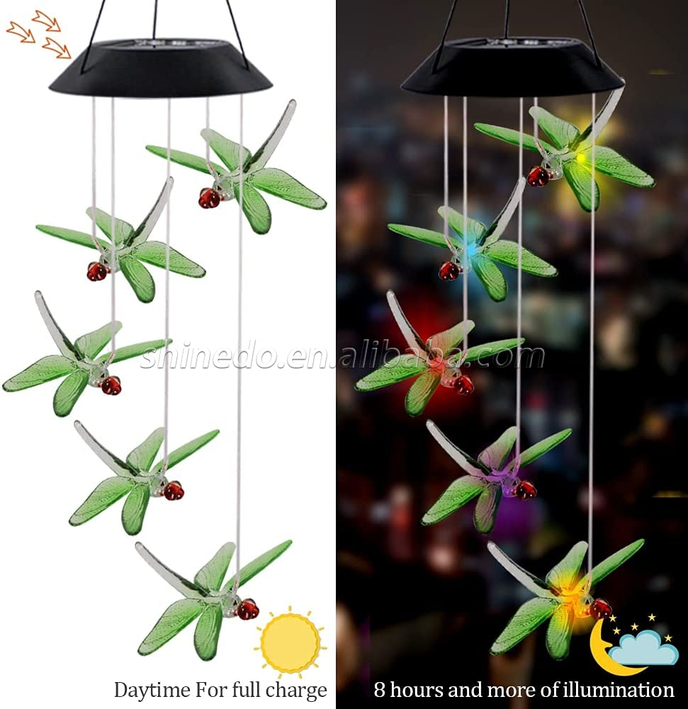 Dragonfly Waterproof Led Decorative Wind Chimes 7 Color Changing Solar Wind Chime Light