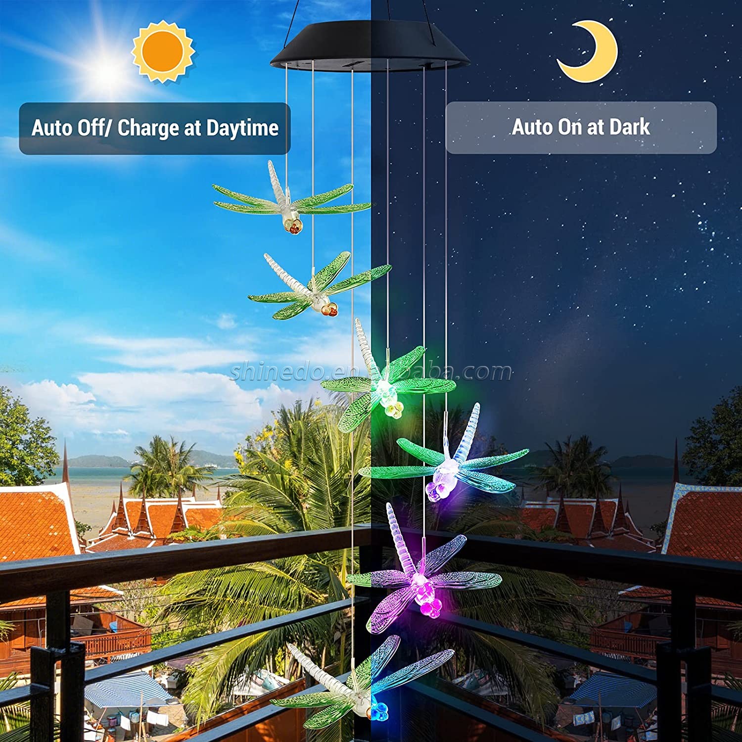 Dragonfly Waterproof Led Decorative Wind Chimes 7 Color Changing Solar Wind Chime Light