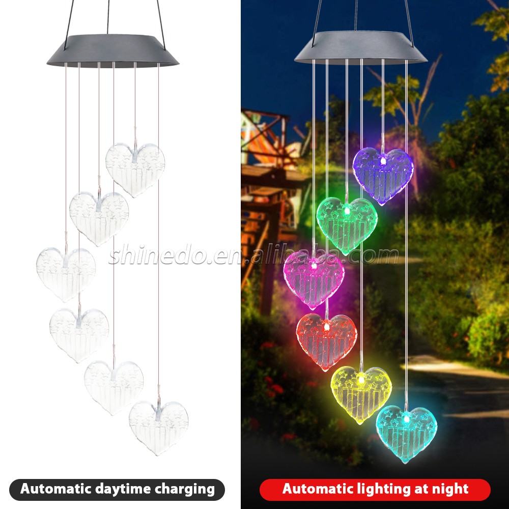 Unique Heart Shaped Solar Wind Chime for Outdoor Decoration Waterproof Multi Color Changing Solar Wind Chime For Gift Choice