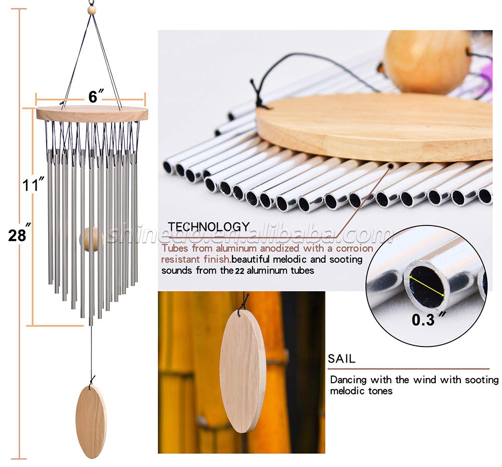 High Quality Sublimation Wind Chime Wooden Wind Chimes Outdoor with 22 Tubes