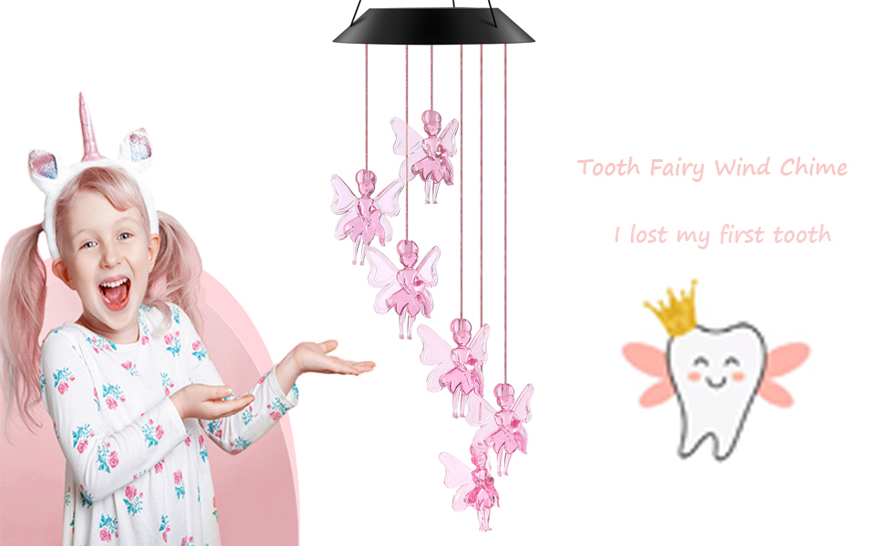 Tooth Fairy LED Solar Wind Chimes, Pink Wind Chime Outdoor Decoration