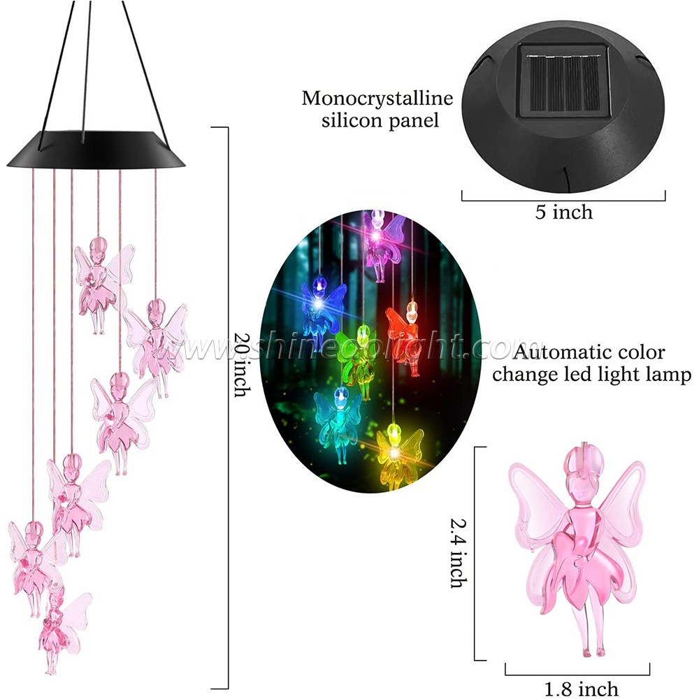 Tooth Fairy LED Solar Wind Chimes, Pink Wind Chime Outdoor Decoration