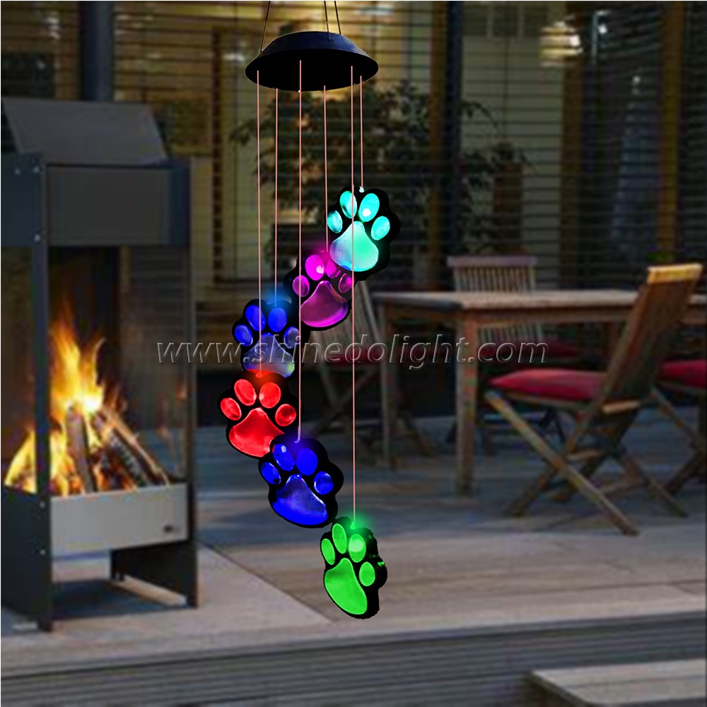 Solar Powered LED Wind Chimes With Paw Prints - Color Changing Outdoor Decor For Garden & Patio