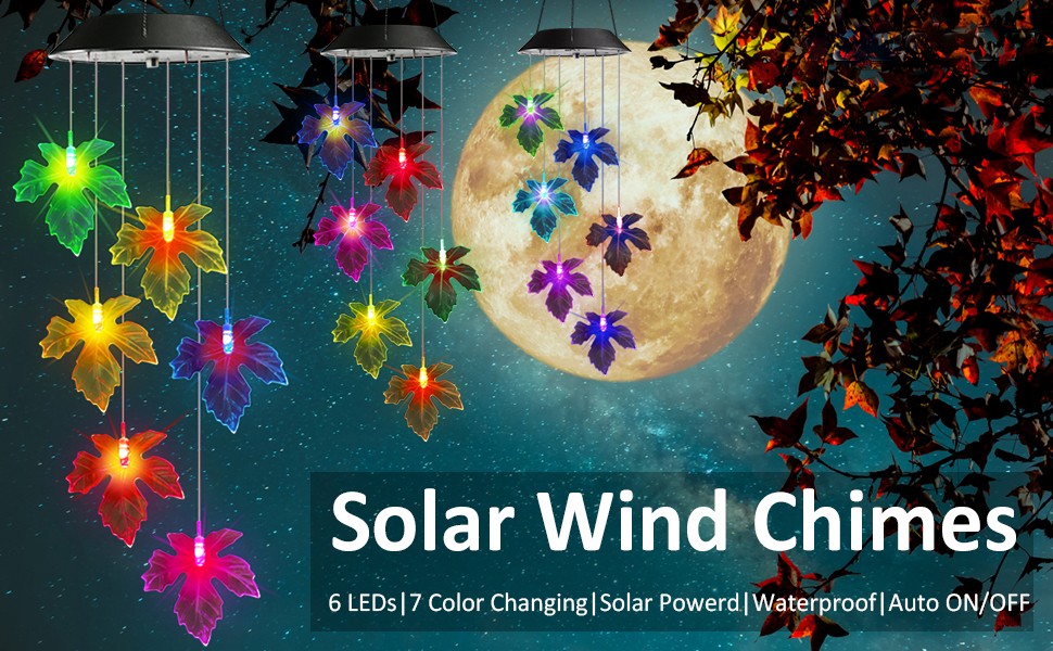 Solar Color Changing Maple Leaf Wind Chimes,  LED Mobile Wind Chimes, Waterproof Outdoor Wind Chime Lights