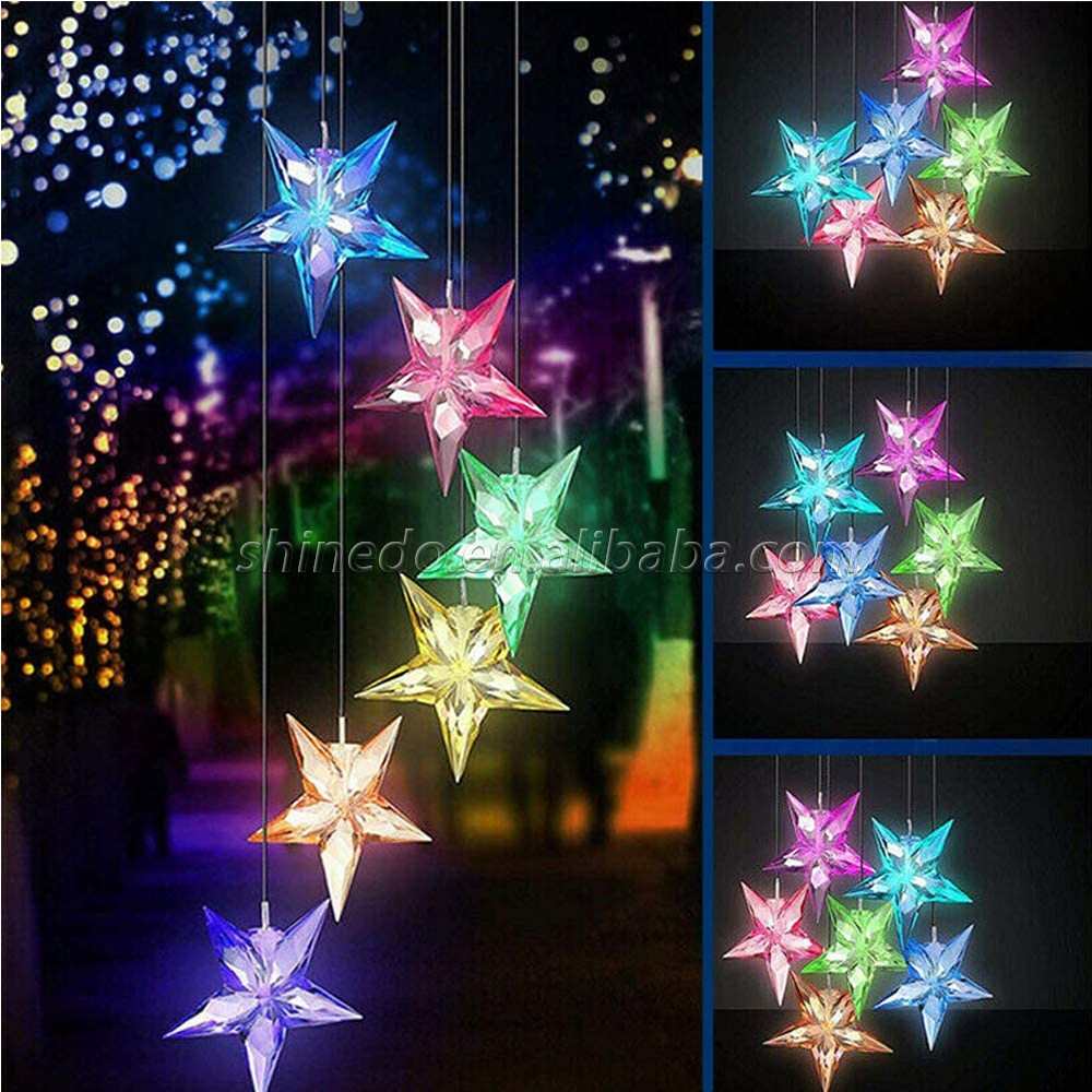Color Changing Solar Power Wind Chime Blue Star LED Wind Chime Wind Mobile Portable Waterproof Outdoor Decorative