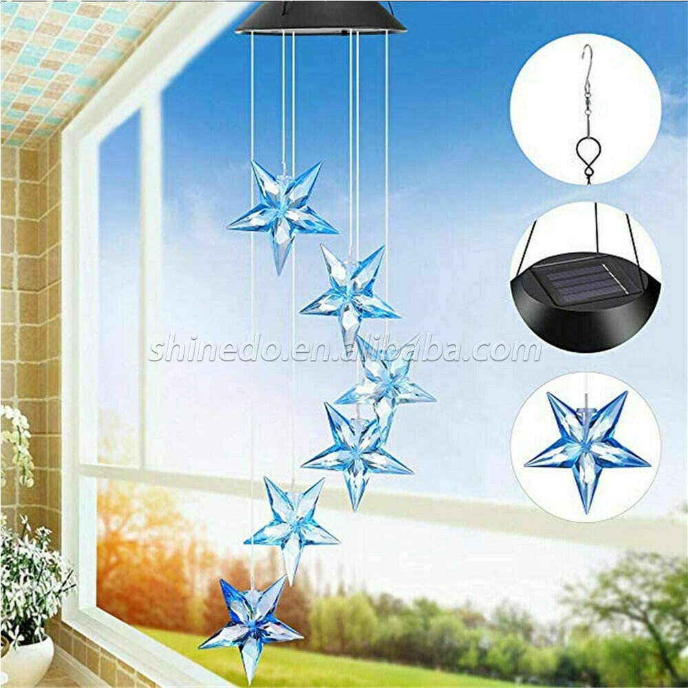 Color Changing Solar Power Wind Chime Blue Star LED Wind Chime Wind Mobile Portable Waterproof Outdoor Decorative