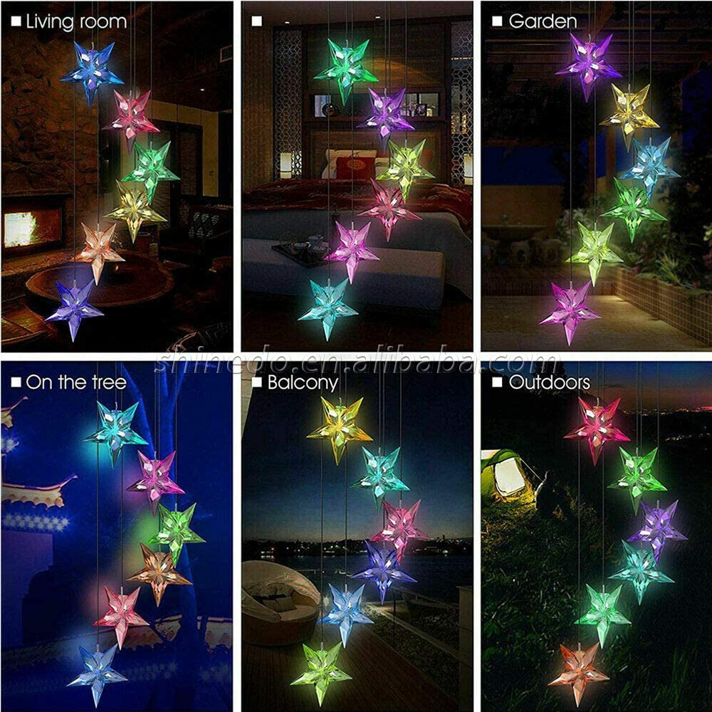 Color Changing Solar Power Wind Chime Blue Star LED Wind Chime Wind Mobile Portable Waterproof Outdoor Decorative