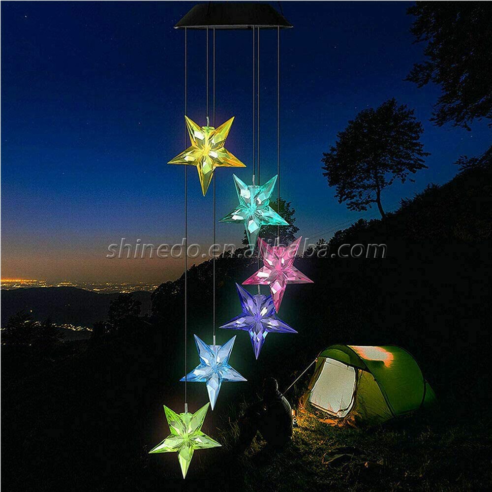 Color Changing Solar Power Wind Chime Blue Star LED Wind Chime Wind Mobile Portable Waterproof Outdoor Decorative