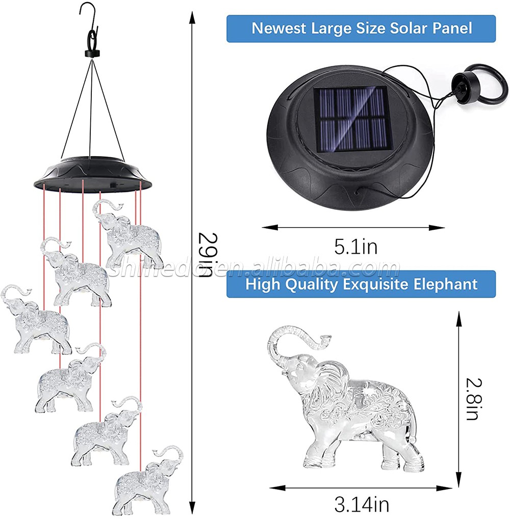 Elephant Solar Wind Chimes for Outside, Waterproof LED Solar Powered Memorial Wind Chimes with Lights, Housewarming Gifts for Garden Outdoor Patio Yard Lawn Decor