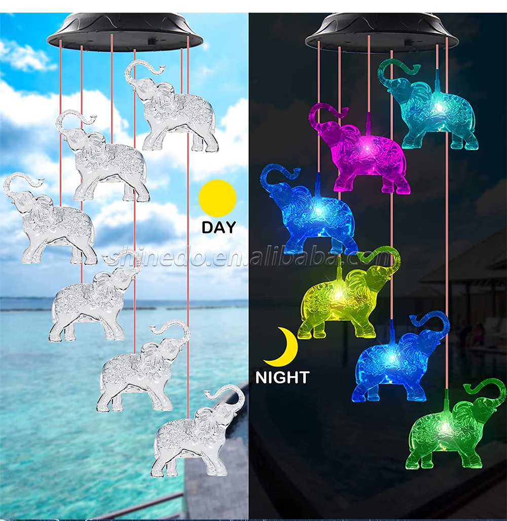 Elephant Solar Wind Chimes for Outside, Waterproof LED Solar Powered Memorial Wind Chimes with Lights, Housewarming Gifts for Garden Outdoor Patio Yard Lawn Decor