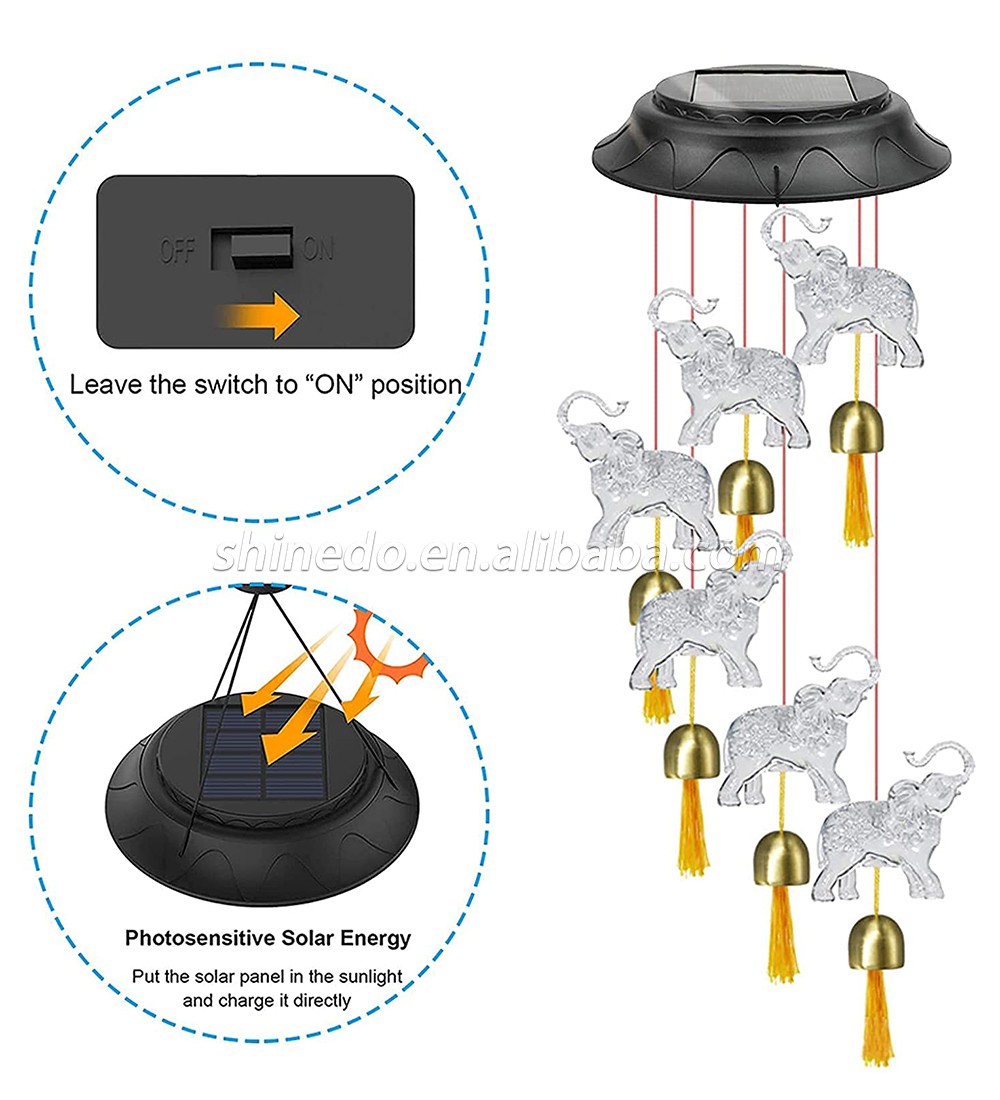 Elephant Solar Wind Chimes for Outside with 6 Bells, Waterproof LED Solar Powered Memorial Wind Chimes