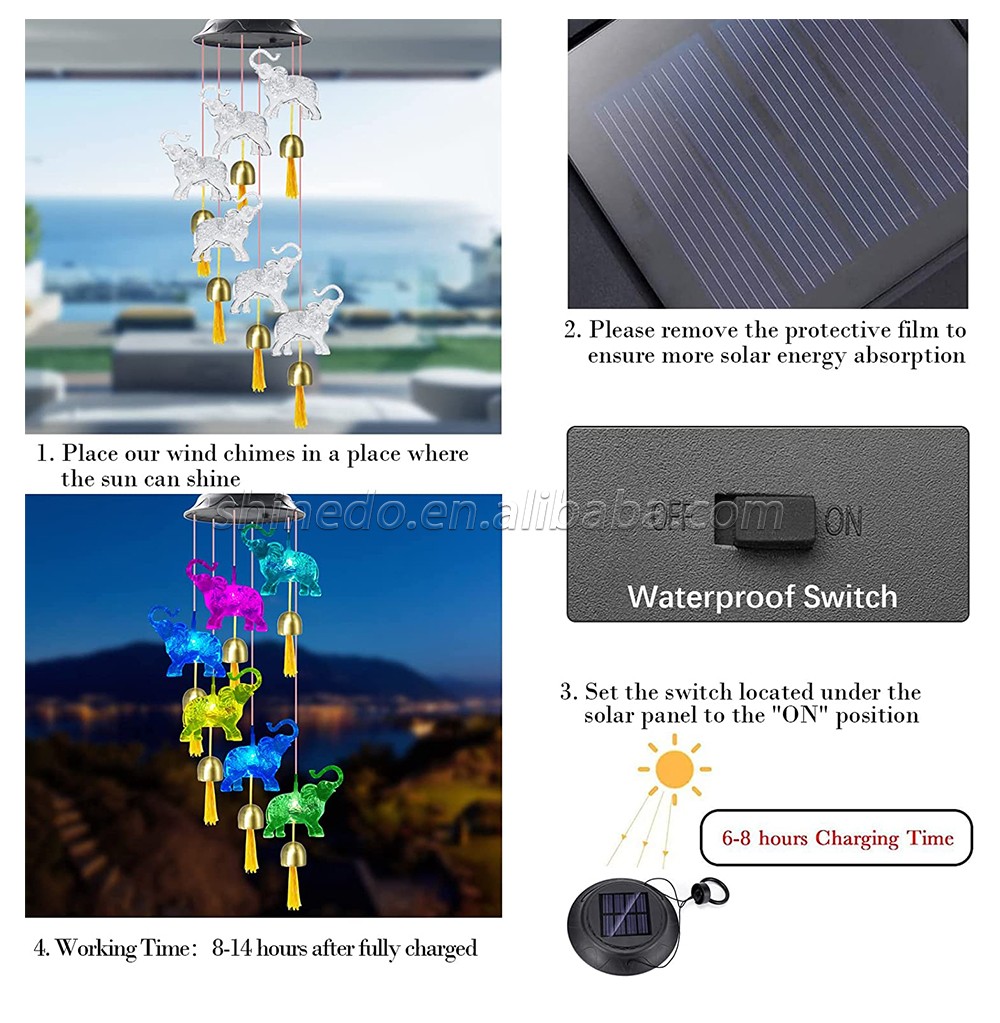 Elephant Solar Wind Chimes for Outside with 6 Bells, Waterproof LED Solar Powered Memorial Wind Chimes