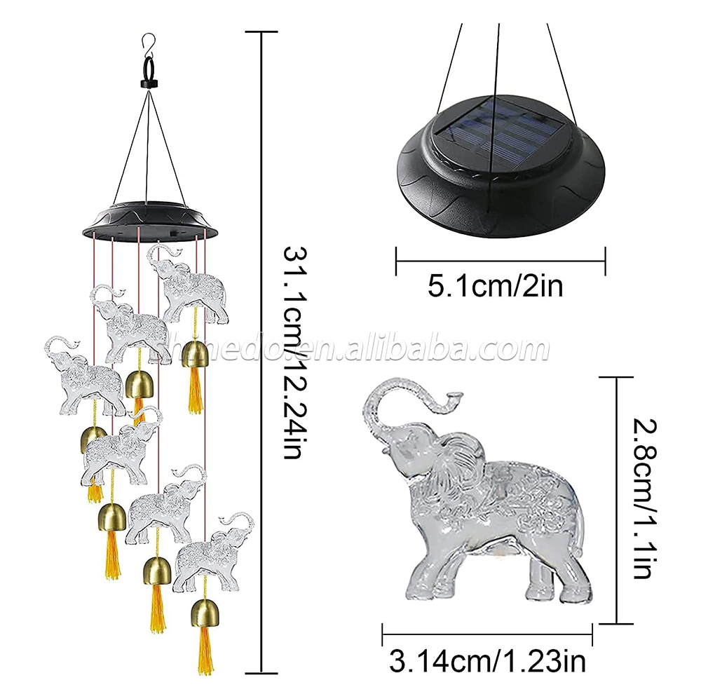 Elephant Solar Wind Chimes for Outside with 6 Bells, Waterproof LED Solar Powered Memorial Wind Chimes