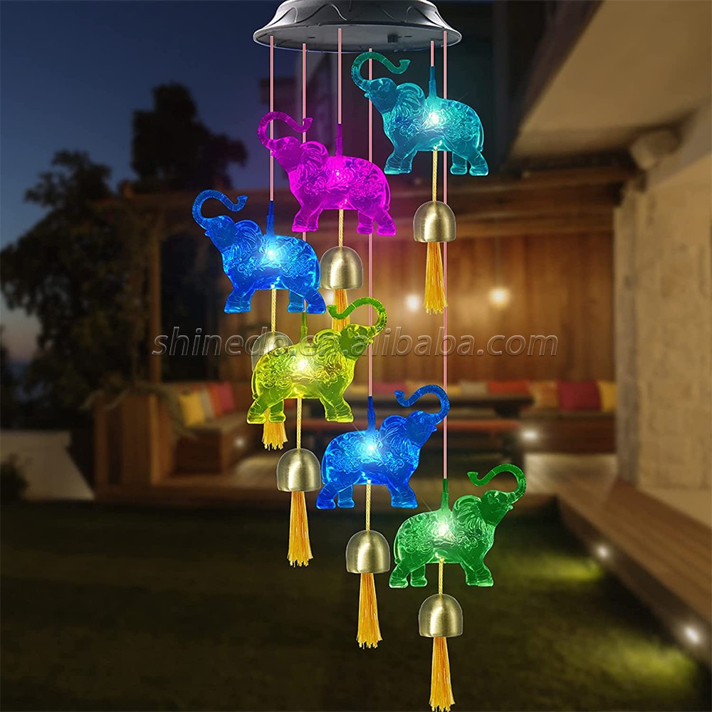 Elephant Solar Wind Chimes for Outside with 6 Bells, Waterproof LED Solar Powered Memorial Wind Chimes