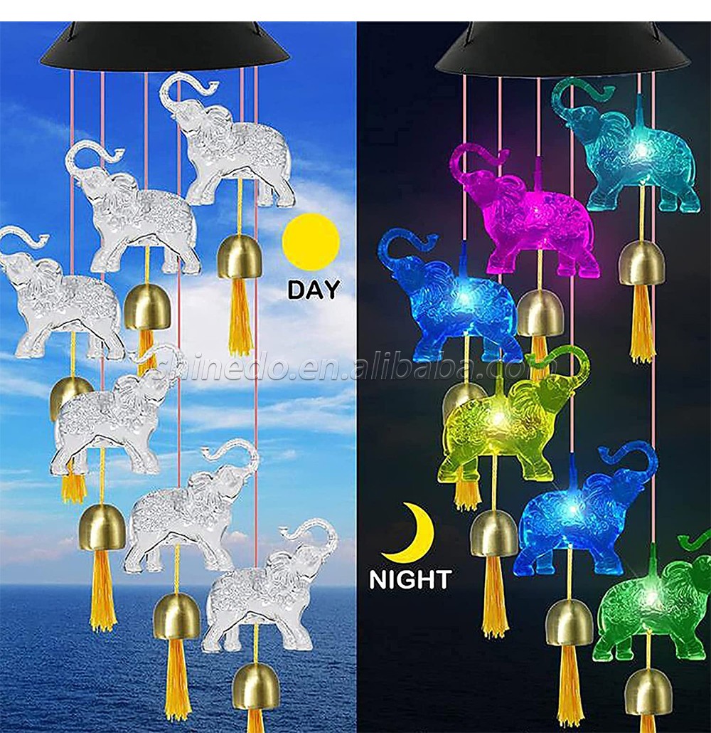 Elephant Solar Wind Chimes for Outside with 6 Bells, Waterproof LED Solar Powered Memorial Wind Chimes