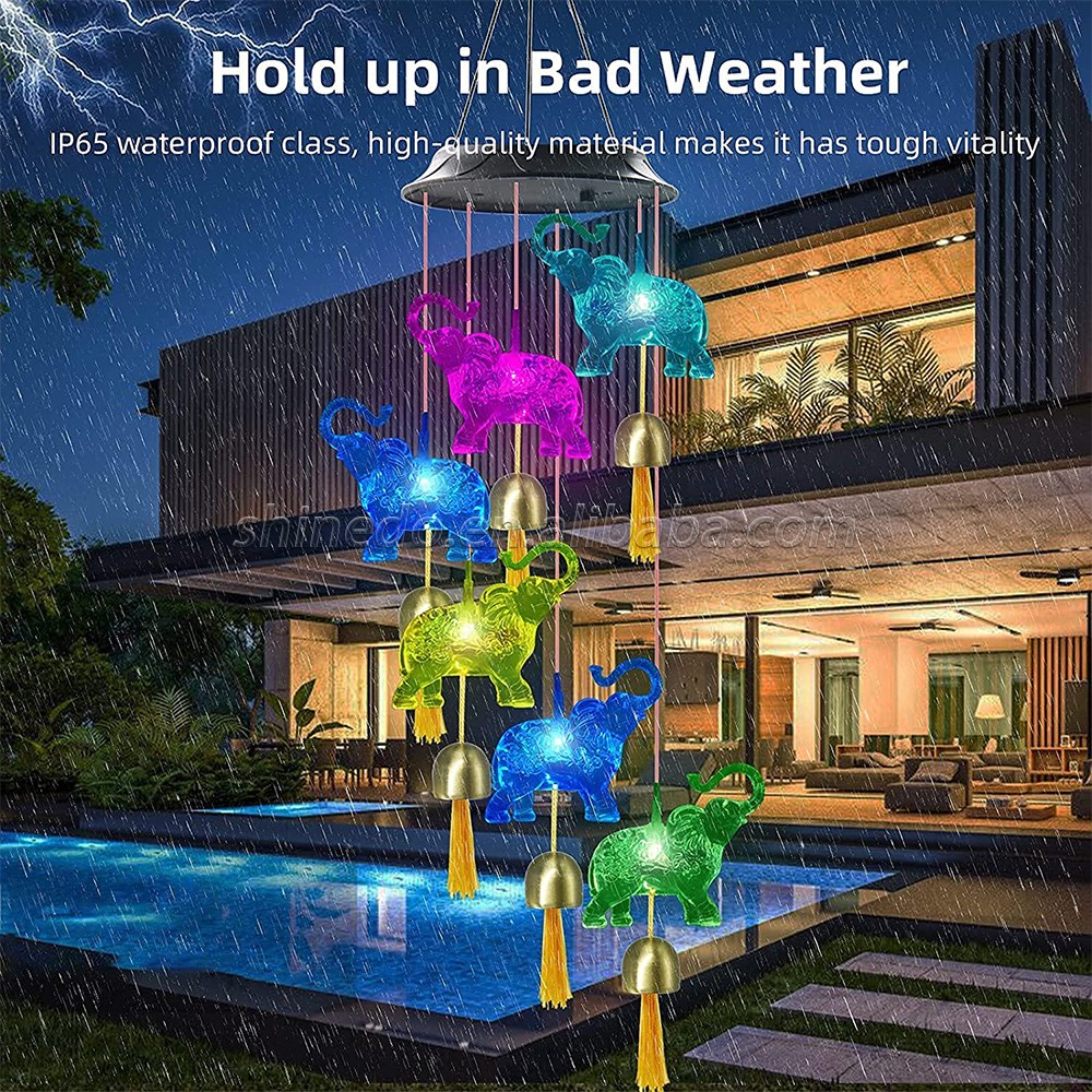 Elephant Solar Wind Chimes for Outside with 6 Bells, Waterproof LED Solar Powered Memorial Wind Chimes