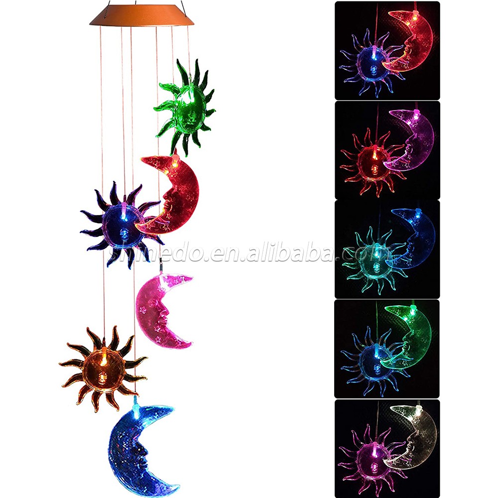 LED Solar Sun and Moon Wind Chimes Outdoor - Waterproof LED Changing Light Color Wind Chime, Six Suns and Moons Wind Chimes