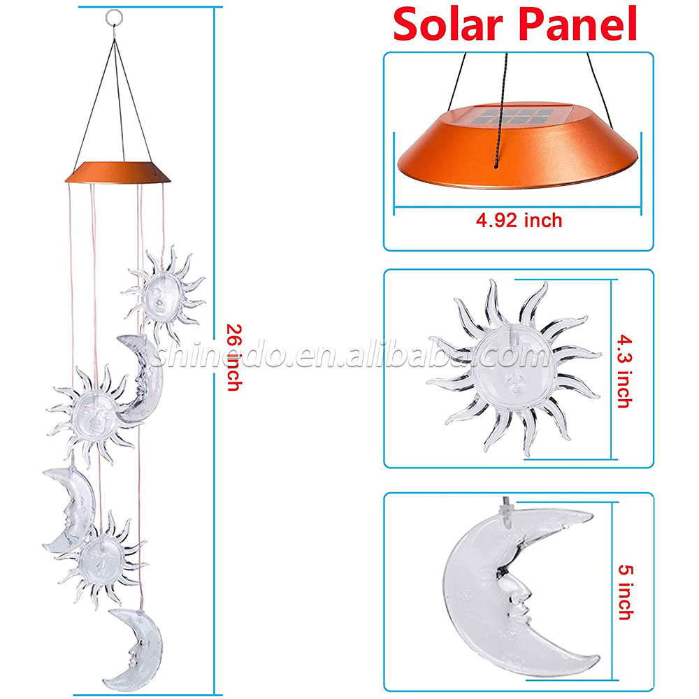 LED Solar Sun and Moon Wind Chimes Outdoor - Waterproof LED Changing Light Color Wind Chime, Six Suns and Moons Wind Chimes