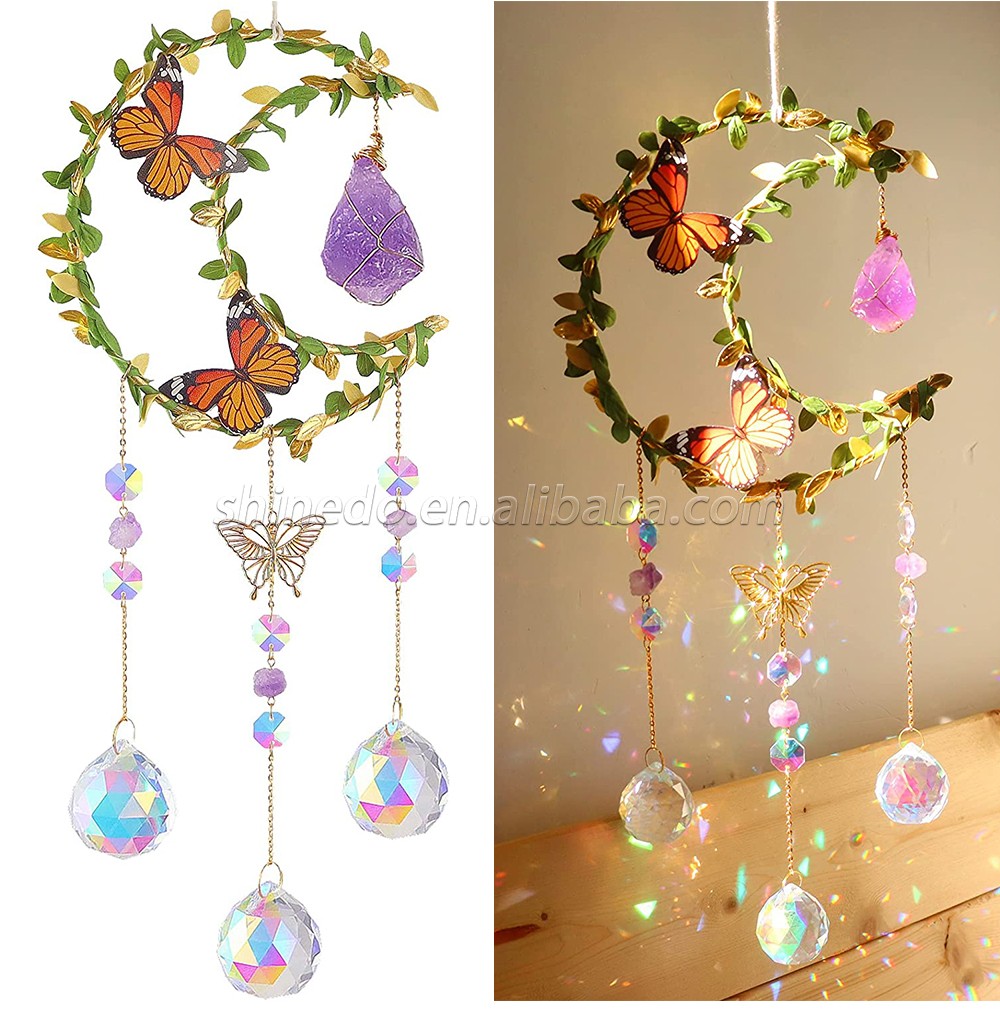 Hanging Butterfly Moon Sun Light Catcher with Glass Prisms for Window Natural Amethyst Crystal Decor