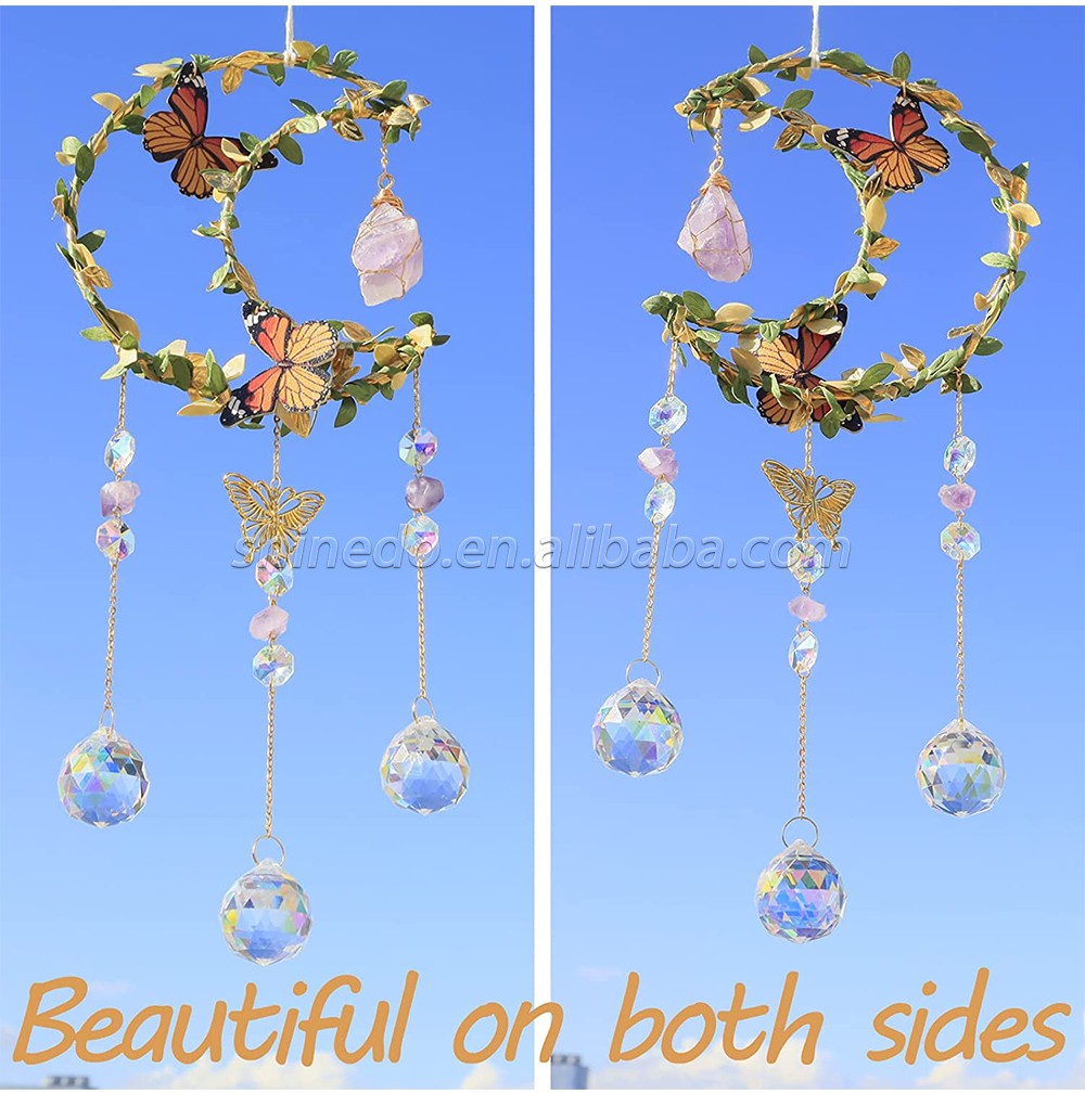 Hanging Butterfly Moon Sun Light Catcher with Glass Prisms for Window Natural Amethyst Crystal Decor