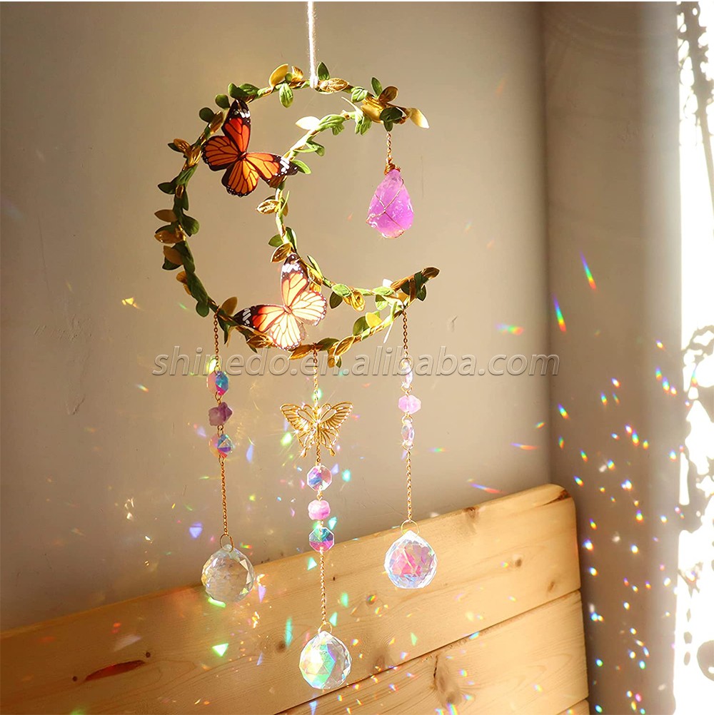 Hanging Butterfly Moon Sun Light Catcher with Glass Prisms for Window Natural Amethyst Crystal Decor