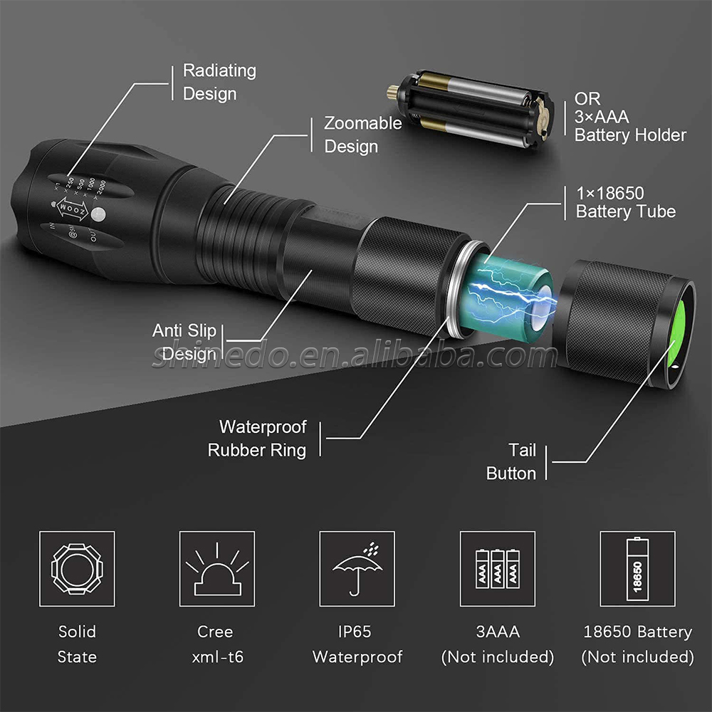 Hand LED flash torch light Outdoor 1200 Lumen XML T6 Waterproof LED Zoomable Flashlight