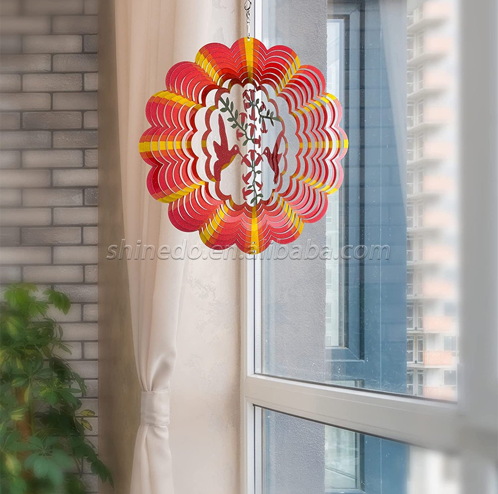 Metal Wind Spinner 12 inch hanging Hummingbird 3D stainless steel dynamic art wind catcher Laser cut wind sculpture