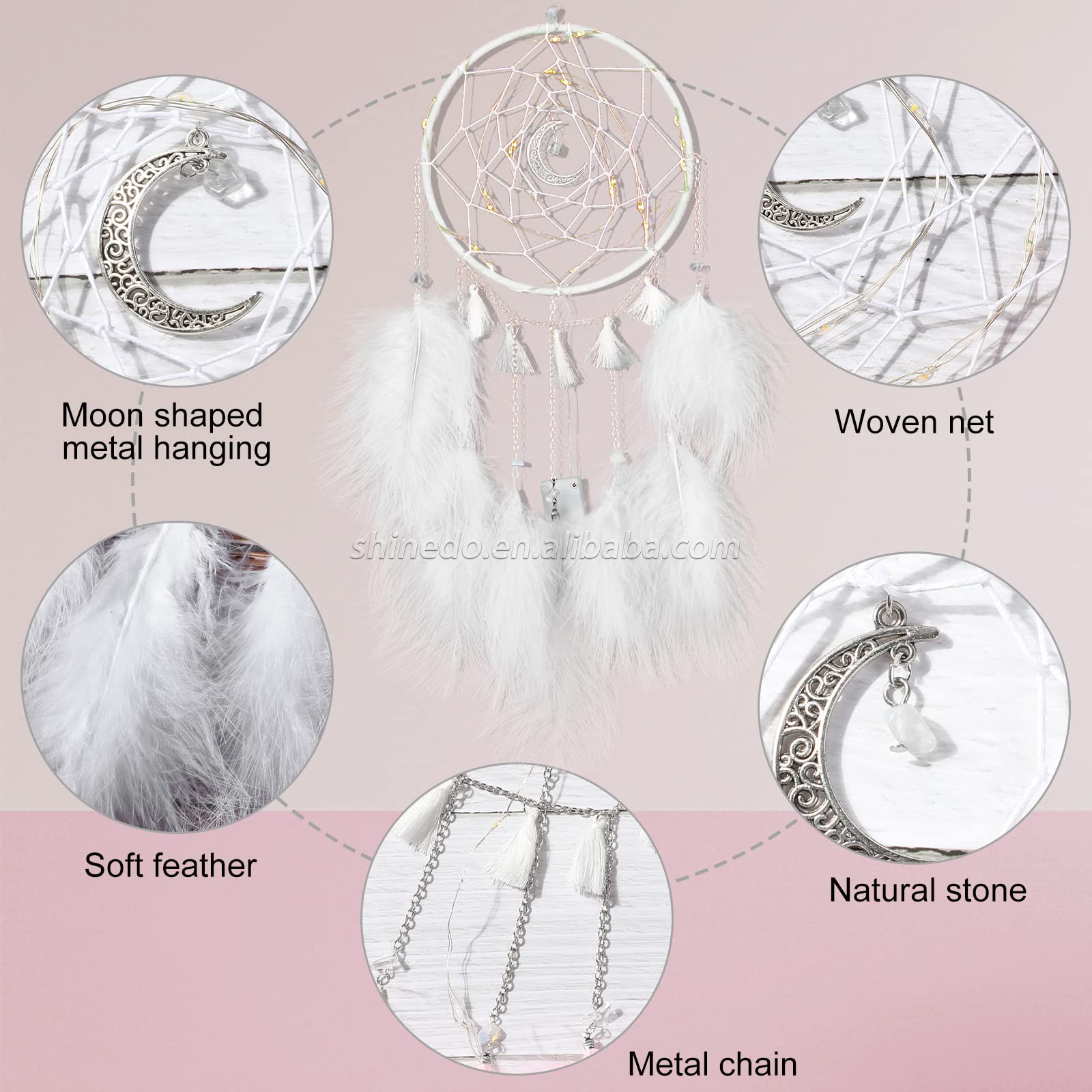 Handmade LED lights white feather dream catcher used for bedroom hanging wall interior decorations