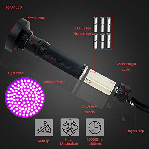 UV Flashlight Black Light, 100 LED 395 nM Ultraviolet Blacklight Detector for Dog Urine, Pet Stains and Bed Bug